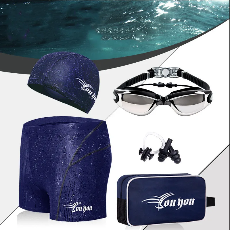 Men Professional WaterProof Sharkskin Swim Trunks Beach Surf Shorts Myopia Goggles Cap Bag Bathing Board Brief Swim Glasses