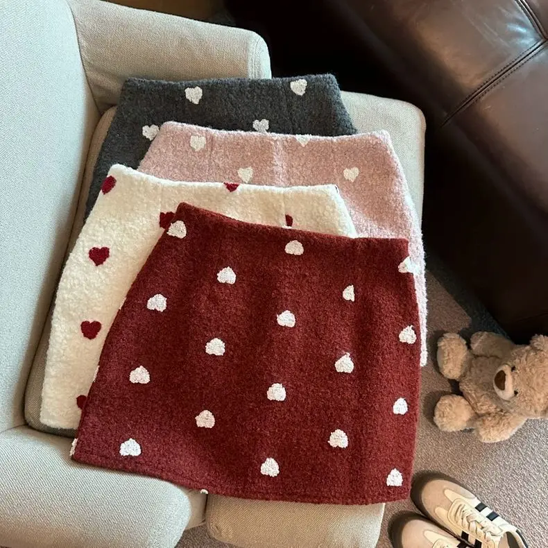 Girls Winter Polka Dot Heart Skirt – Thickened Sherpa Lined Mini Skirt for Big Kids, Autumn Winter Wool Blend Tween Skirt