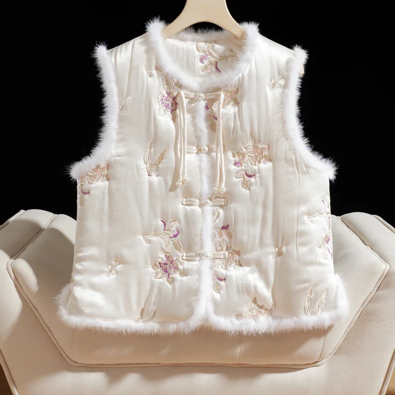 2024 Women's Mink Fur Collar down Vest Fashion Embroidered Warm Vest