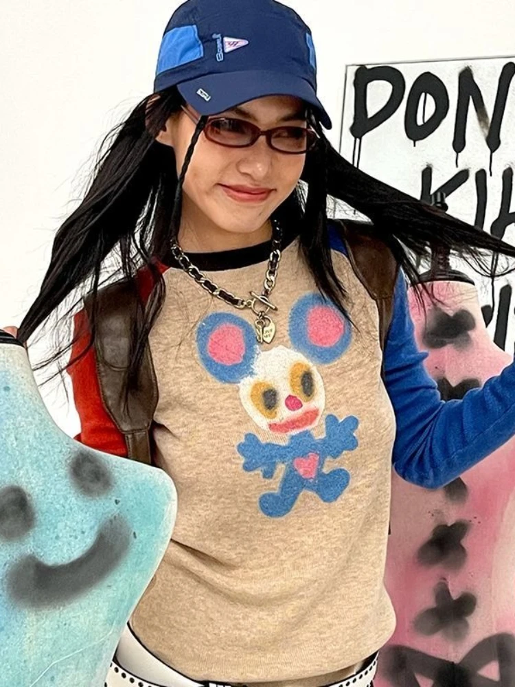 

HOUZHOU Y2k Harajuku Cartoon T-shirts Women Vintage Kawaii Long Sleeve Tees Japanese Style Retro Streetwear Graphic T-Shirts