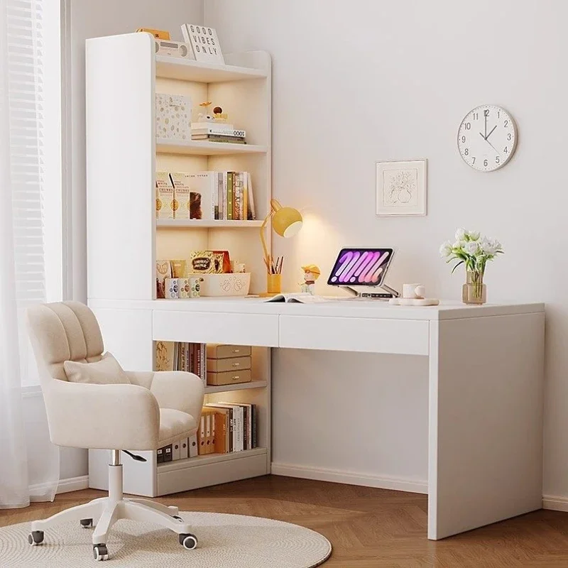 Multi-functional Computer desk Cream wind bookshelf integrated bedroom study table white corner desk