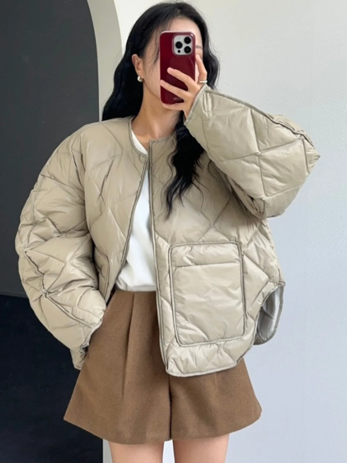 

Women's Loose Fit Cotton Jaet Coat Retro round Ne Winter Warmth Interlined Diamond Pattern Long Sve Zipper Closure