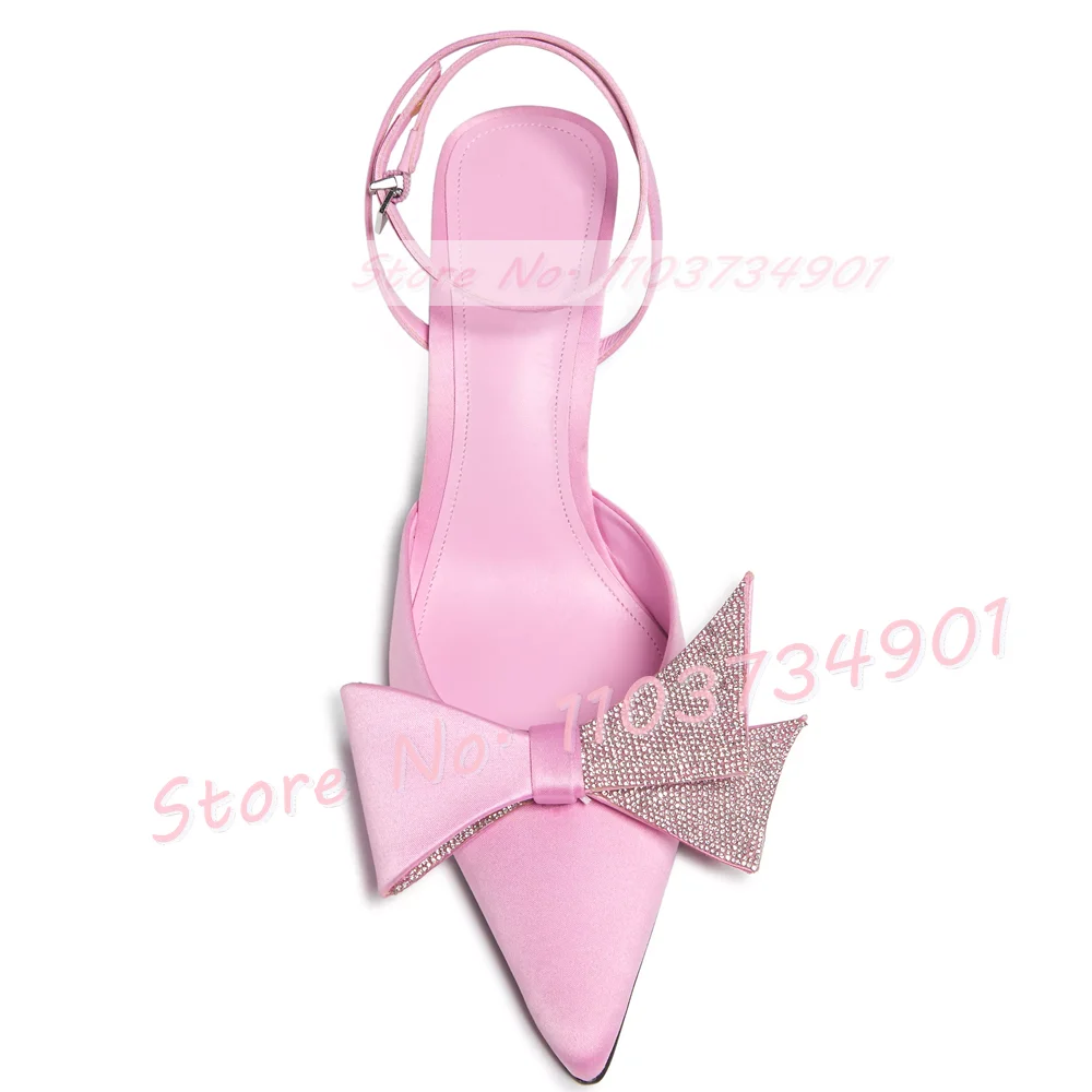 Pink Satin Pointy Toe Sandals With Crystal Bowknot Women Elegant Lace Up Stiletto Shoes Ladies Cross Tied Chic Evening Sandals