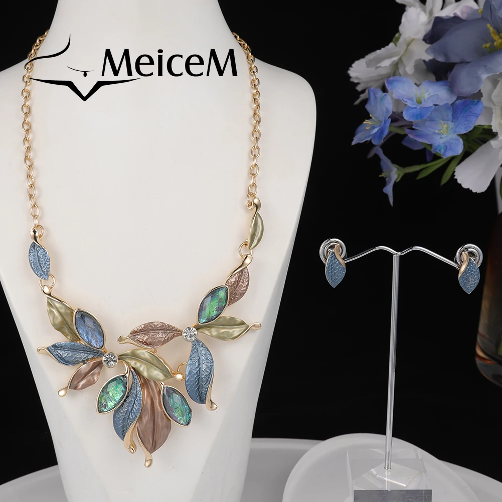 MeiceM Women Enamel Necklace Set New Design Leaf Earrings Jewelry Sets Women\'s Luxury Necklaces for Women Grandmother Gifts 2022