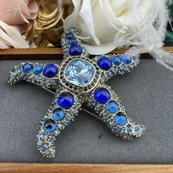 Vintage Luxury Blue Sparkling Rhinestone Starfish Brooch Creative Vintage Design Brooch Unisex Wedding Corsage