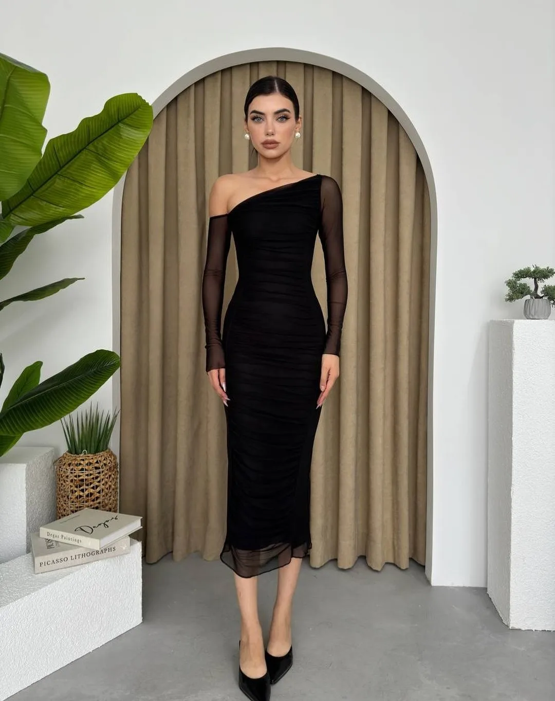 Customized Chiffon Straight One Shoulder Evening Dress Tea Length Long Sleeves High Quality Photo Color Vestidos de fiesta