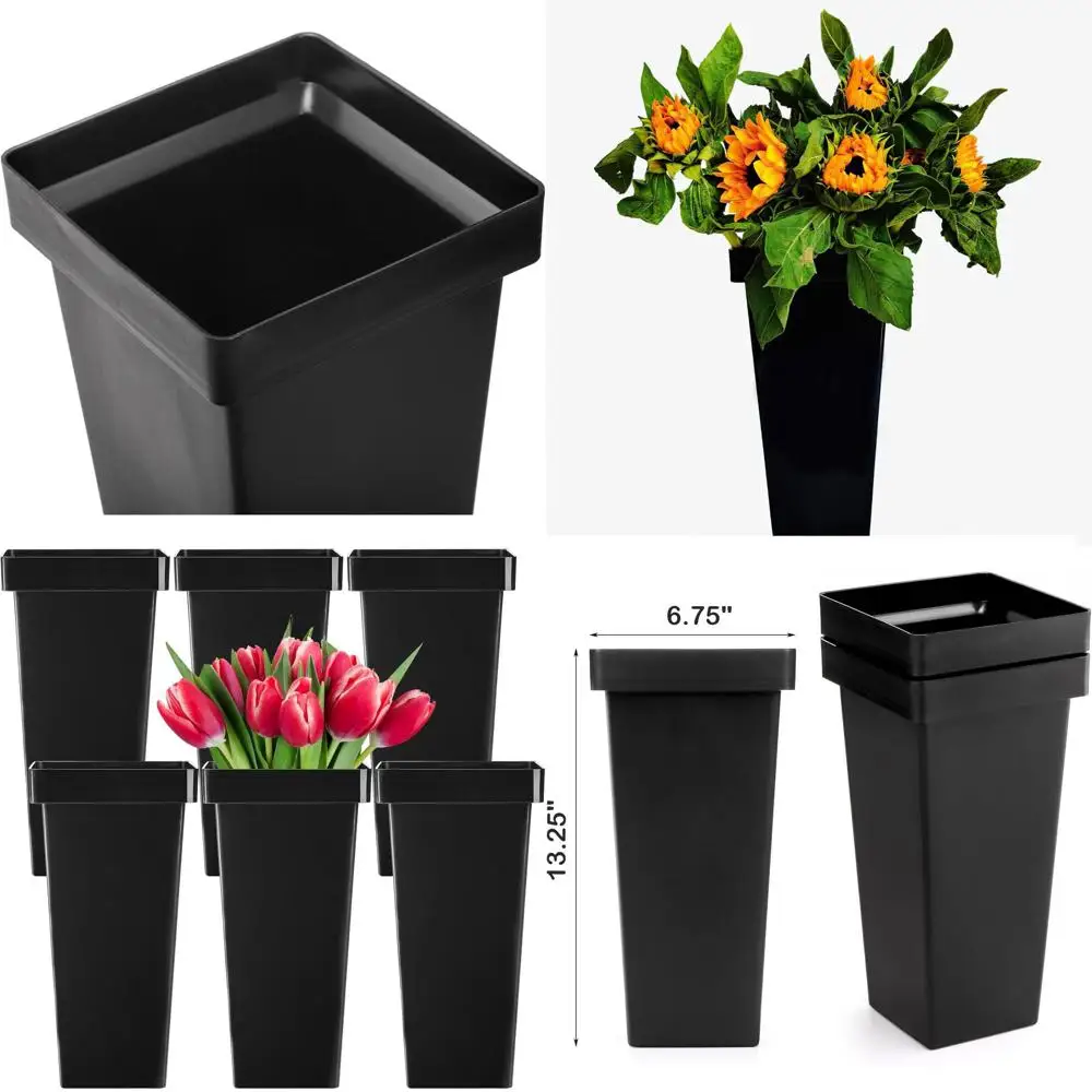 

Set of 6 Black Plastic Lower Vases for Square Shapes, Ideal for Home Office Event Centerpieces, 6.75 x 6.75 x 13.25