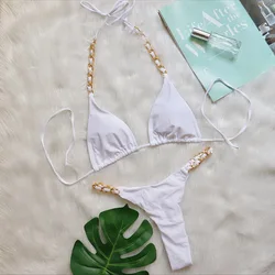 Para Praia-Bikini con cadena de Metal Para mujer, traje de baño Sexy de realce, traje de baño brasileño de nailon, Bikini tipo Tanga, traje de baño de dos piezas 2024