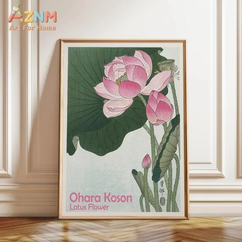 AZNM Japanese Ukiyo-e Lotus Flower Canvas Wall Art, Vintage Botanical Floral Print, Frameless Canvas Painting for Oriental Style