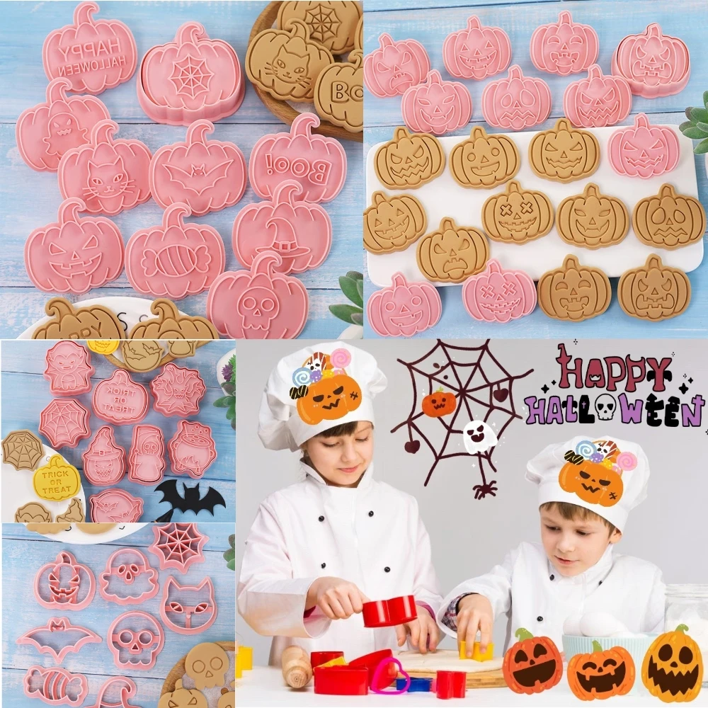 8/10Pcs Halloween Cookie Cutters Cartoon Pumpkin Castle Stamp Type Witch Vampire Biscuit Mold Diy Halloween Party Baking Decor