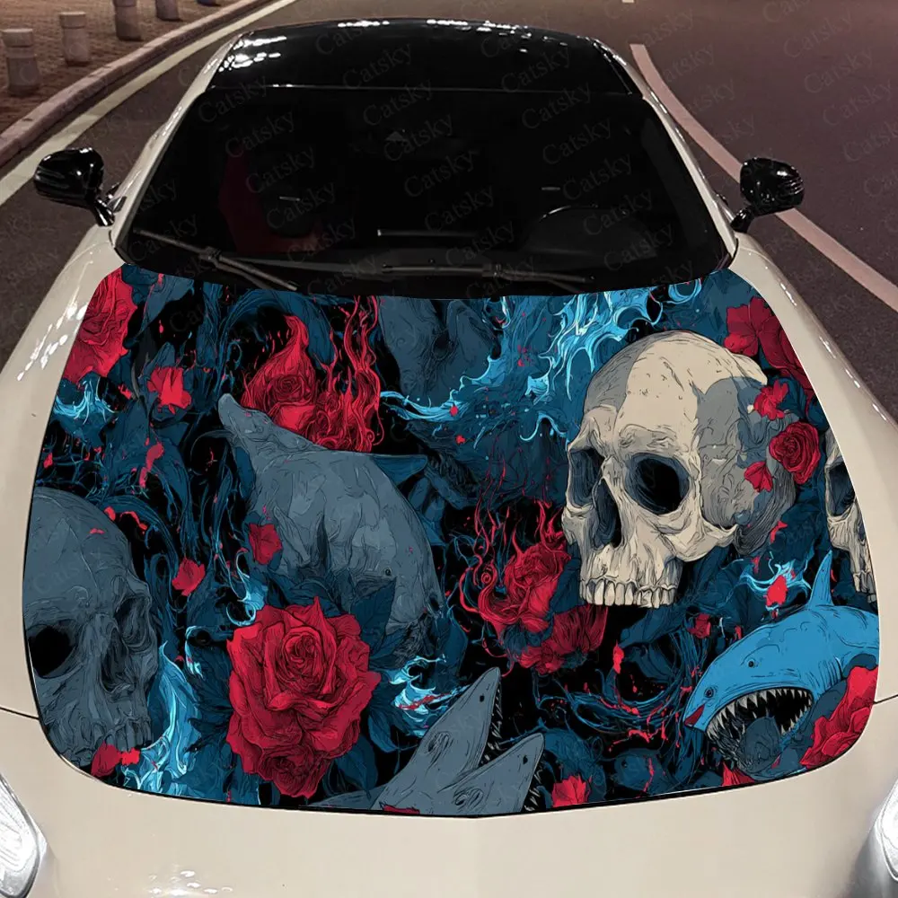

Spellbinding Rose Shark Skull Auto Cover Sticker, Waterproof and Self-adhesive Auto Hood Decal, Auto Vinyl Wraps, Cool Car Exter