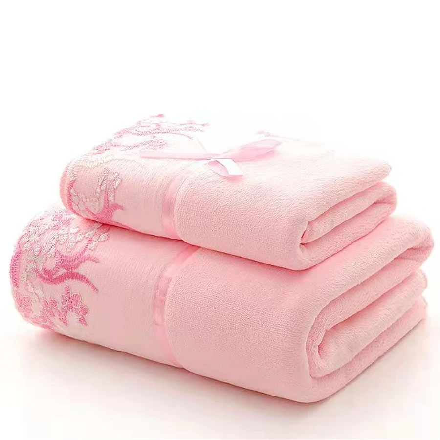 2pcs Quick Dry Microfiber Towel Set Solid Color 75x35cm Face Towel & 140x70cm Bath Towel Embroidered for Bathroom