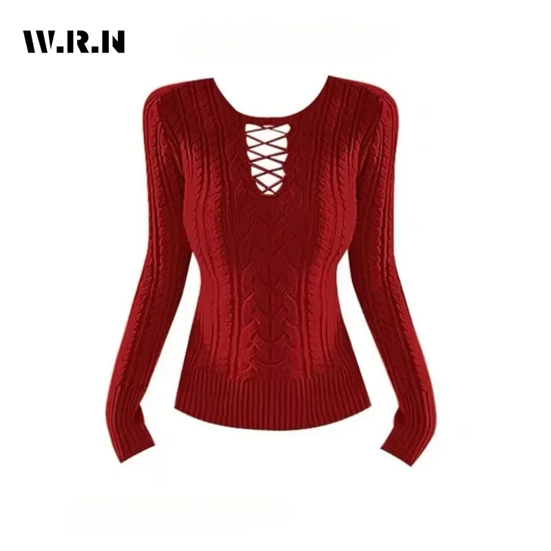 2024 Winter Hotsweet Casual Knitted Long Sleeve Gyaru Pullovers Women Coquette Solid Sheath Sexy Sweater Hollow Out Jumpers