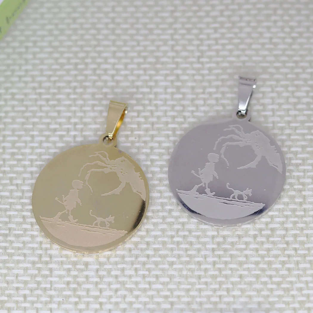 2pcs Coraline Inspired Silhouette Stainless Steel Round Engraved Pendant Charms for Jewelry Making Necklace DIY Bulk Accessories