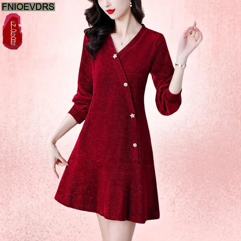 M-3XL Elegant Red Dress Women New Hot 2025 Autumn French European Style Design Vintage Retro Long Button Shirt Dresses Vestidos