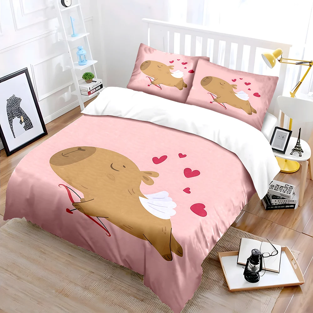 Cartoon Capybara Cupid's Heart Bedding Set for Kids Luxury Gift 3pcs Digital Print Comforter Set Soft Comfortable Breathable