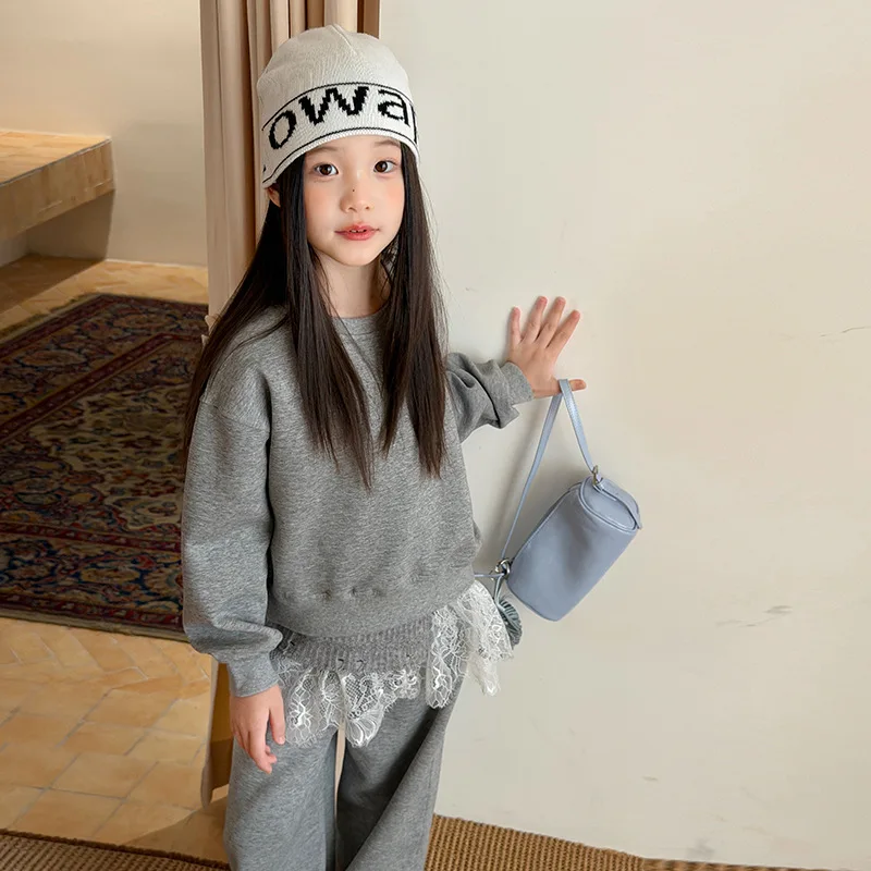 Girls' Korean Version Fake Two-piece Lace Patchwork Set with Hem, Children's Loose and Lazy Casual Hoodie, Wide Leg Sweatpants
