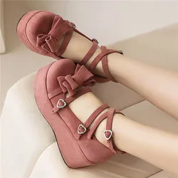 Smirnova Big Size 32-46 New Lolita Cow Suede Shoes Buckle Flat With Heels Women Shoes Butterfly Knot Ladies Platform Dress Shoes