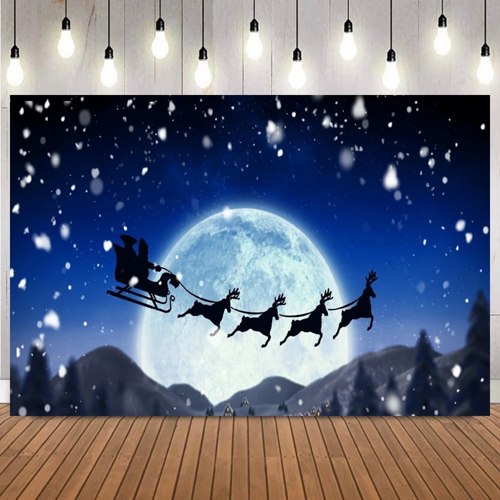 Winter Christmas Photography Background Santa Claus Reindeer Snowflake Moon Kids Portrait Home Decor Family Party Photo Backdrop