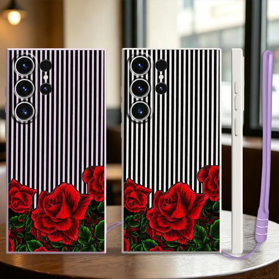 Phone Cover Case for Samsung Galaxy S26 S24 Ultra S21 Plus S23 Note 20 10 Ultra S22 S20 FE S25 Edge Stripe Rose Print