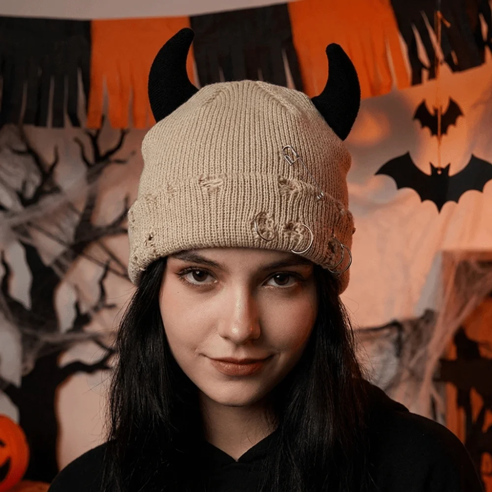 Lovely Yarn Devil Horns Hat Solid Color Adjustable Winter Pullover Cap Distressed Harajuku Knitted Beanie Halloween Cosplay