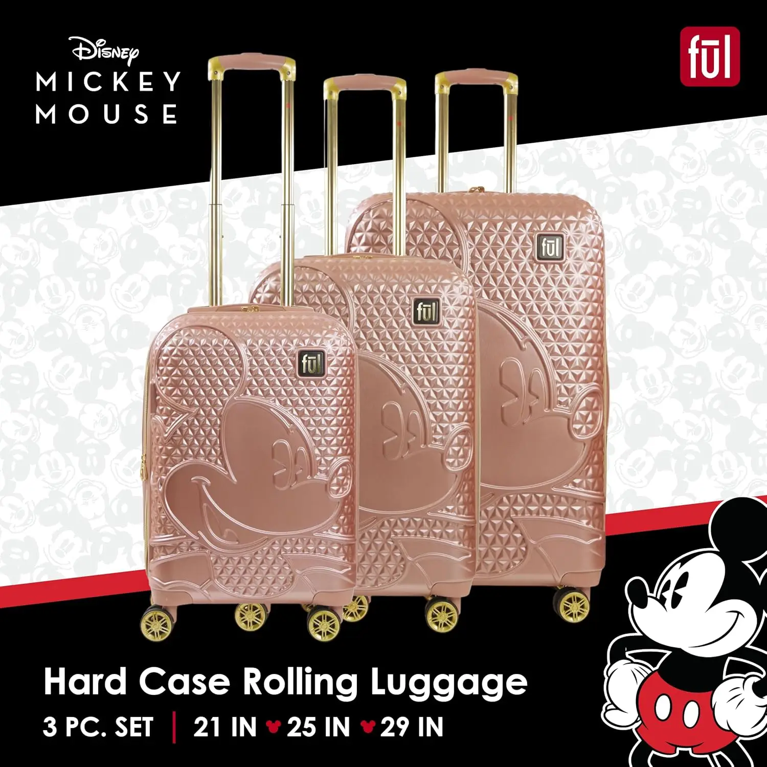 Mickey Mouse 3 Piece Rolling Luggage Set, Hardside Suitcase With Spinner Wheels, 21 Inch, 25 Inch And 29 Inch, Rose Gold