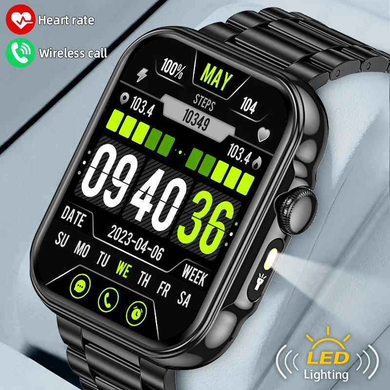 LIGE Outdoor 2.01” HD Smart Watch Men Voice Assistant Wireless Call Women Men Watches Waterproof LED Flashlight Men Smartwatch