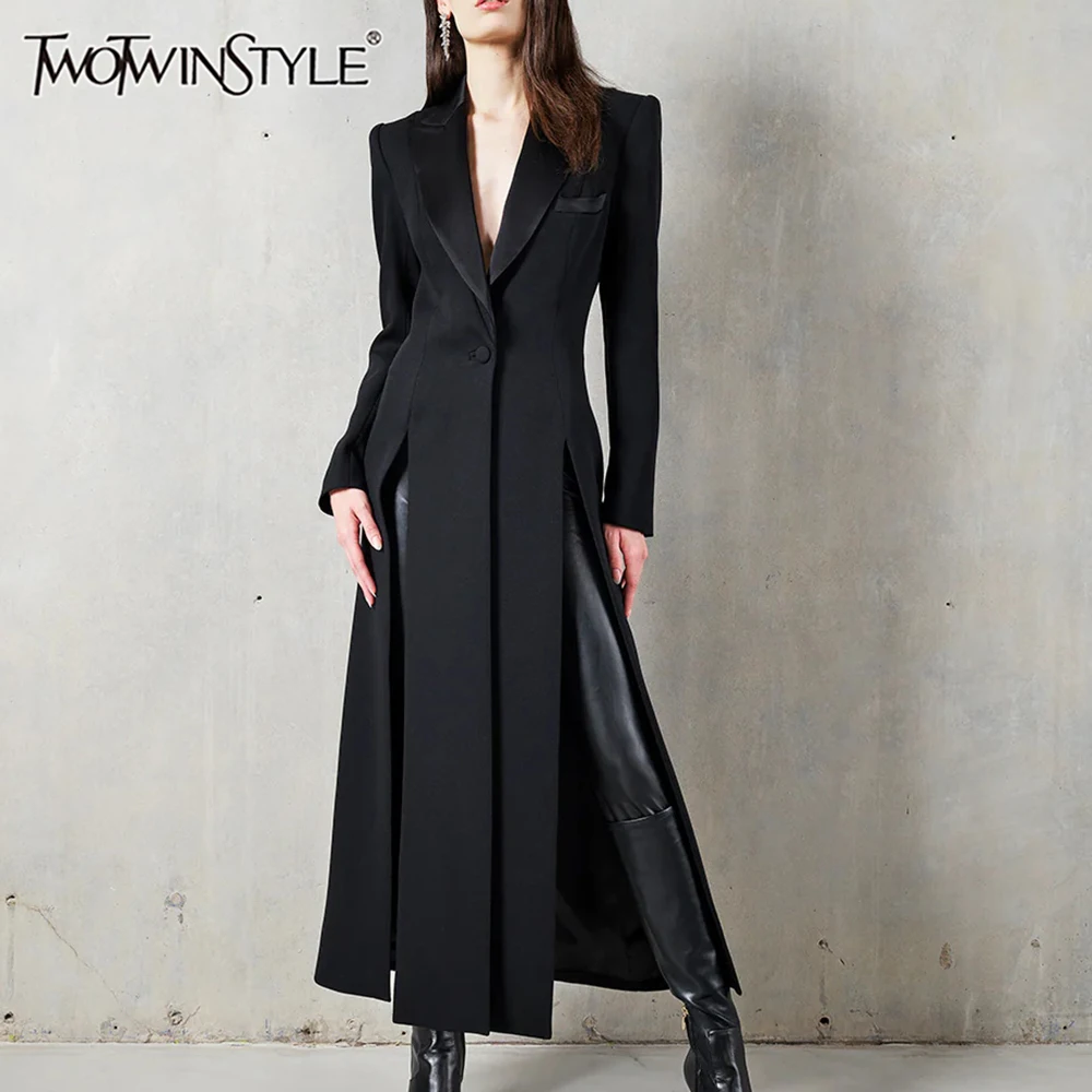 

TWOTWINSTYLE Split Minimalist Trench For Women Notched Collar Long Sleeve Patchwork Button Slimming Coat Female Fashion Clothing