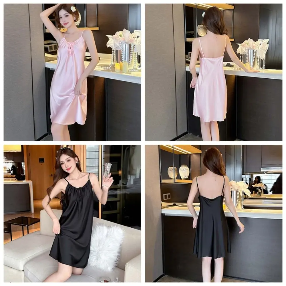 

Sleeveless Women's Pajama Dress Solid Color Thin Ice Silk Suspender Nightdress Summer Sleepwear Slim Sling Nightdress Spicy Girl