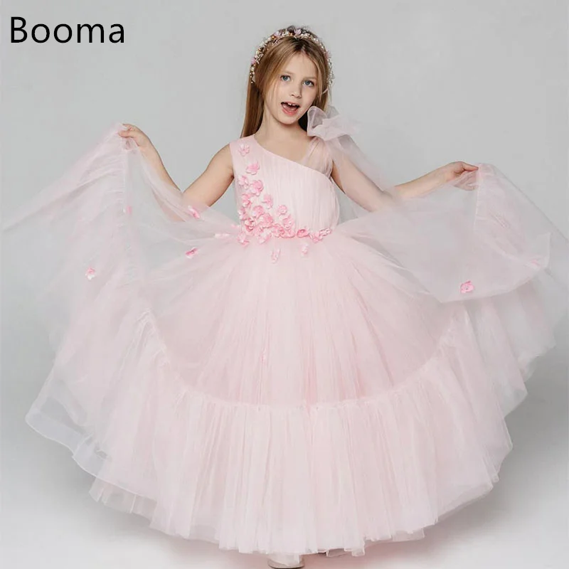 Booma A-Line Flowers Girl Dresses 3D Flower Tulle Floor-Length Wedding Party Dress for Kids Girls Prom Gowns Customized