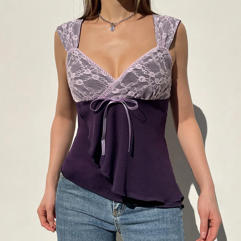 

Summer sexy irregular V-neck strap spicy girl lace purple sling women's top
