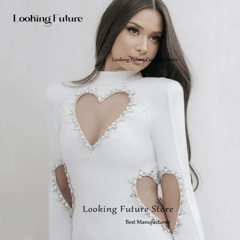 Elegant Mini Mermaid Wedding Dress High Neck Sexy Cut-out Pleated Shiny Crystal Formal Long Sleeves Boho Short Growns Customized