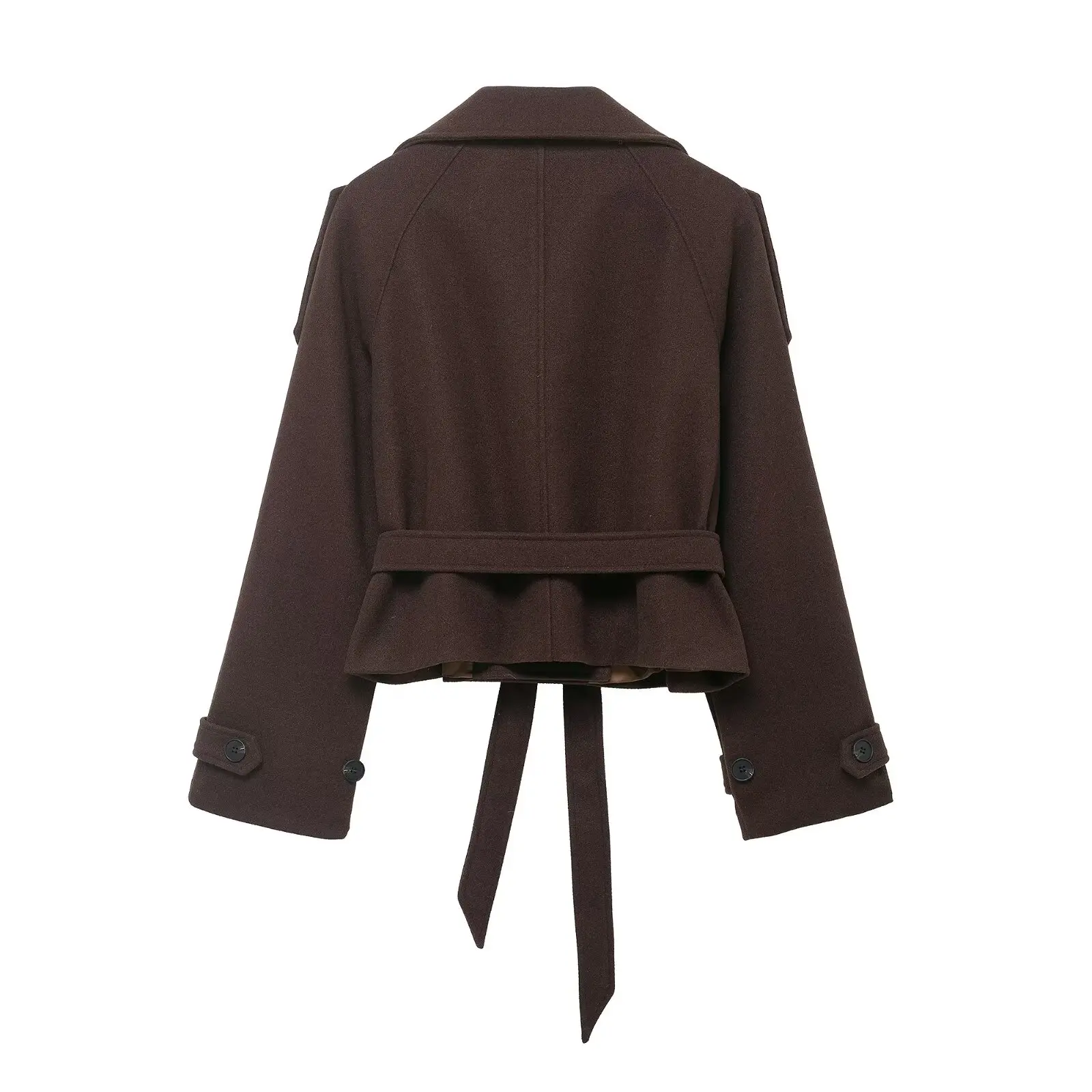 Women's Stand Collar Woolen Short Coat Double Breasted Belted Cropped Jacket Autumn Winter Loose Long‑Sleeve Chic Warm Outerwear