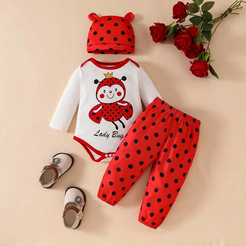 Newborn Baby Set Baby Girl Clothes 3Pcs Suit Long Sleeve Ladybug Letter Print Bodysuit Polka Dot Pants with Hat Romperbo Clothes