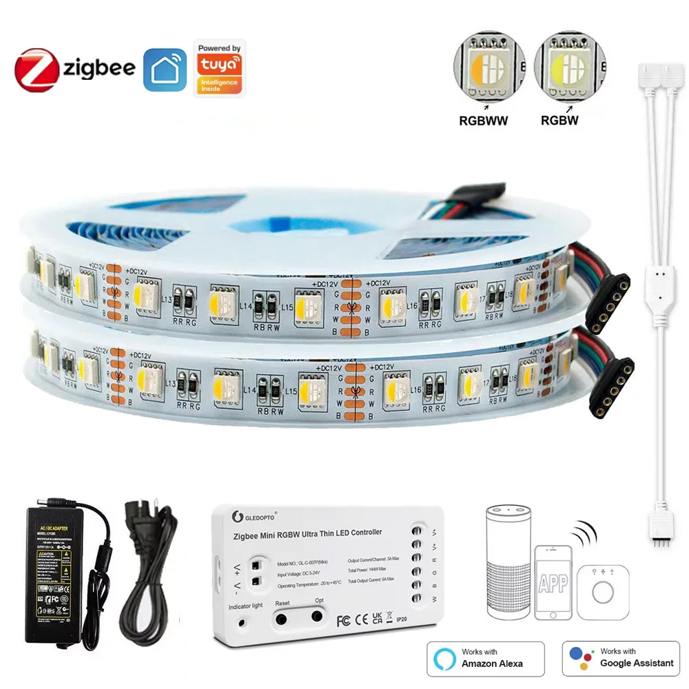 Mini Zigbee 3.0 RGBWW RGBW 4in1 5050 LED Strip Light 12V 5M 10M Flexible Dimmable Room Decoration Lamp APP Voice Control Alexa