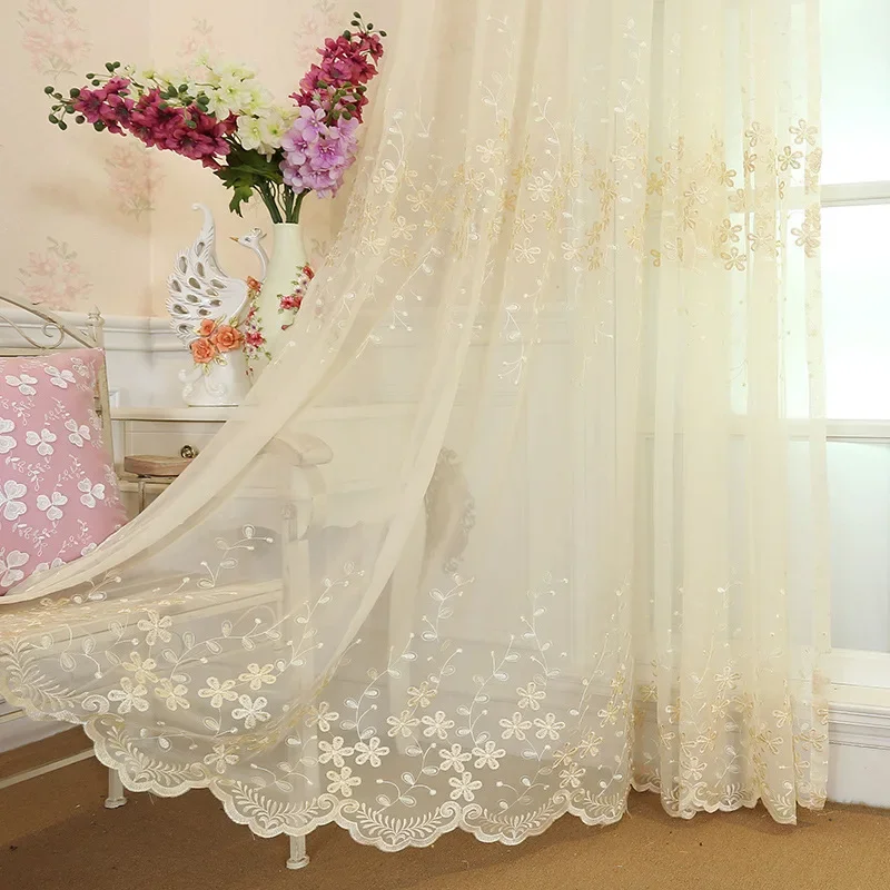 

European Pastoral Embroidered Flower Curtains for Living Dining Room Bedroom White Gauze Bay Window Korean Window Screen Balcony