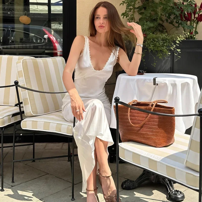 Fmxires Abito lungo sottile senza maniche alla moda per le donne Elegante abito sexy in pizzo con scollo a V in raso a vita alta Abiti da sera per feste Lady