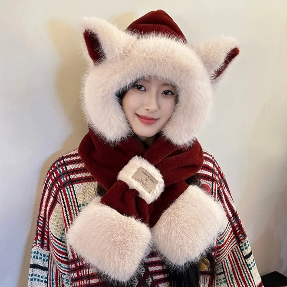 Zweiteiliges Set Fuchsohren-Mütze, Schal, verdickter Kälteschutz, Bärenmütze, Schal, koreanischer Stil, integriertes Design, Halswärmer für den Winter