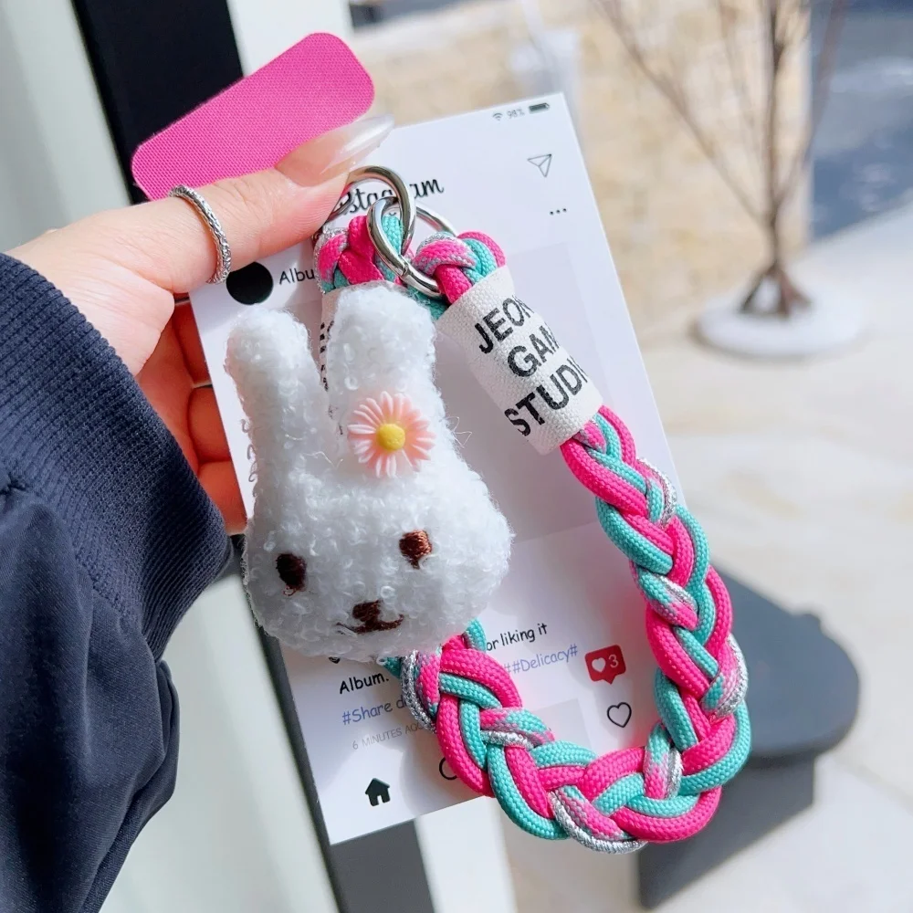 

[Longsheng] Cute rabbit mobile phone case wrist lanyard short contrasting color solid color nylon braided bold anti-lost