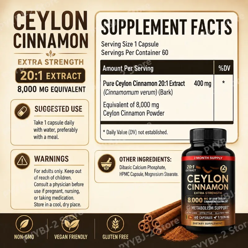 60 Count Ceylon Cinnamon Capsules Daily Provide Energy & Body Metabolic Support — 400mg Pure Ceylon Cinnamon 20:1 Extract