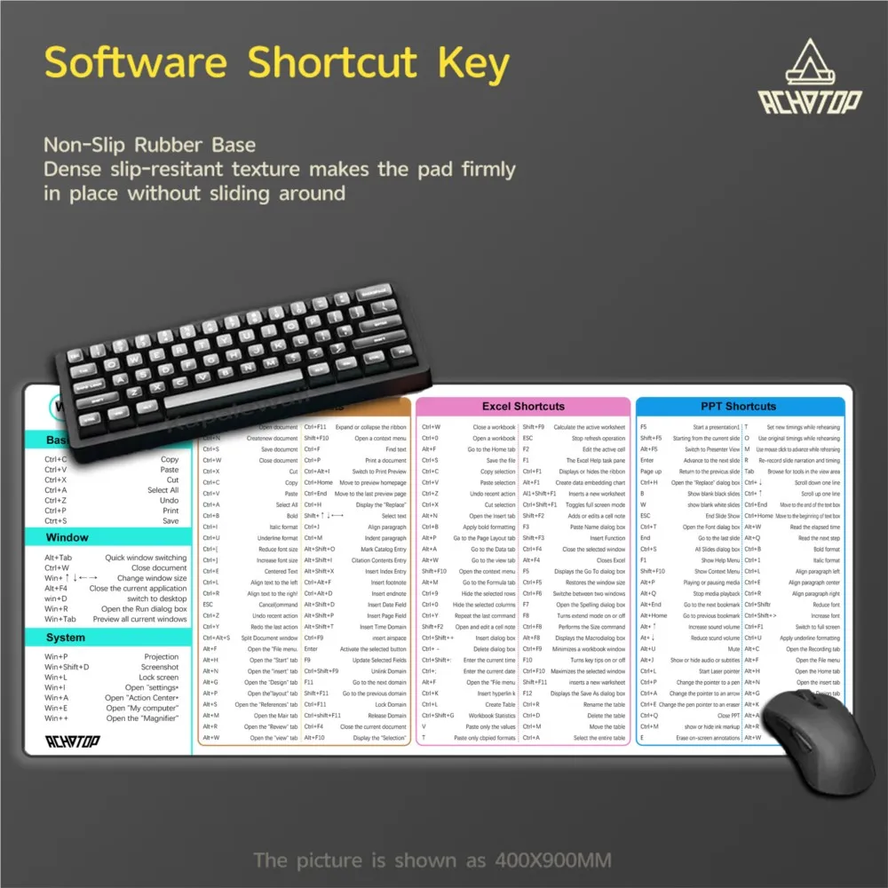 Windows Shortcuts Keys Mouse Pad Large Extended Excel Powerpoint Word Software Gaming Desk Keyboard Mousepad with Stitched Edge