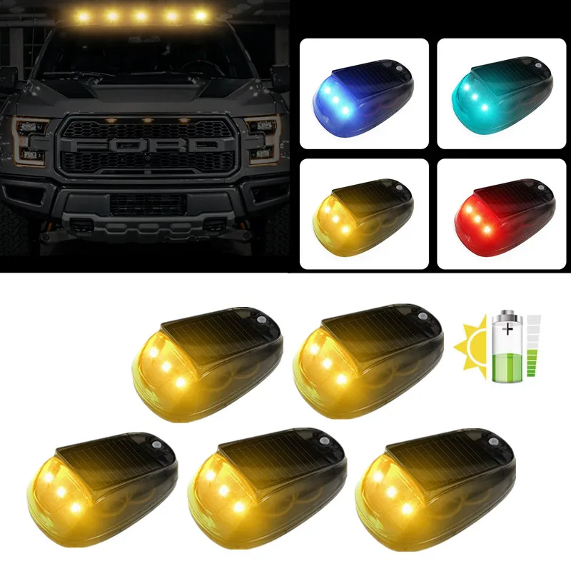 5PCS Solar Powered RGB Strobe Light Car SUV Roof Warning Signal Lamp Cab Lights Wireless Free Flash Car Truck Flashing Light
