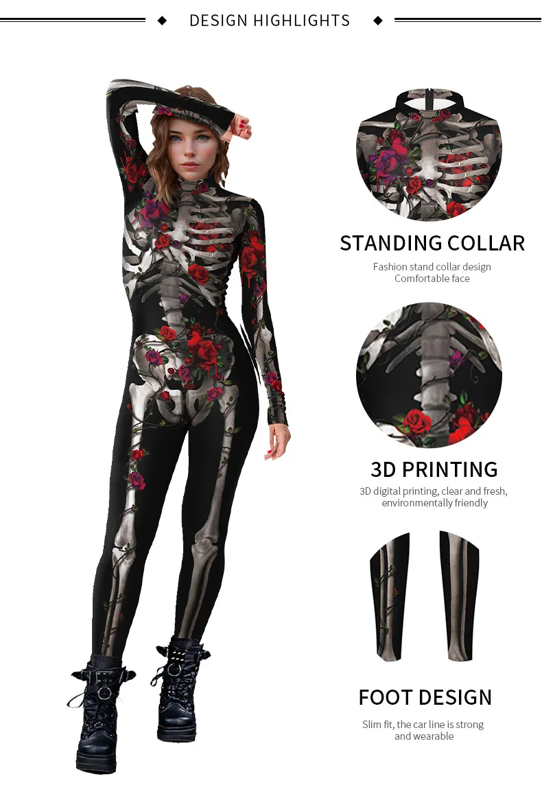 Halloween Skelett-Rosen-Druck Jumpsuit für Frauen, The Dead Cosplay Bodysuit, Sexy Zentai-Anzug, Karnevalsparty Bühnen-Morphsuit Neu – Detail 2