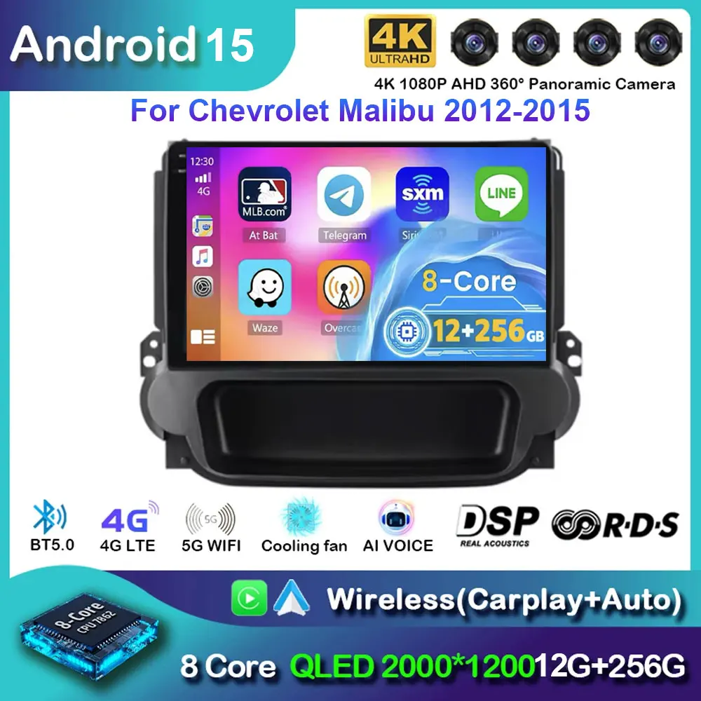 Android 15 Radio del coche para Chevrolet Malibu 2012-2015 estéreo GPS Navi Carplay reproductor Multimedia No 2din DVD 12 + 256G 4G Wifi