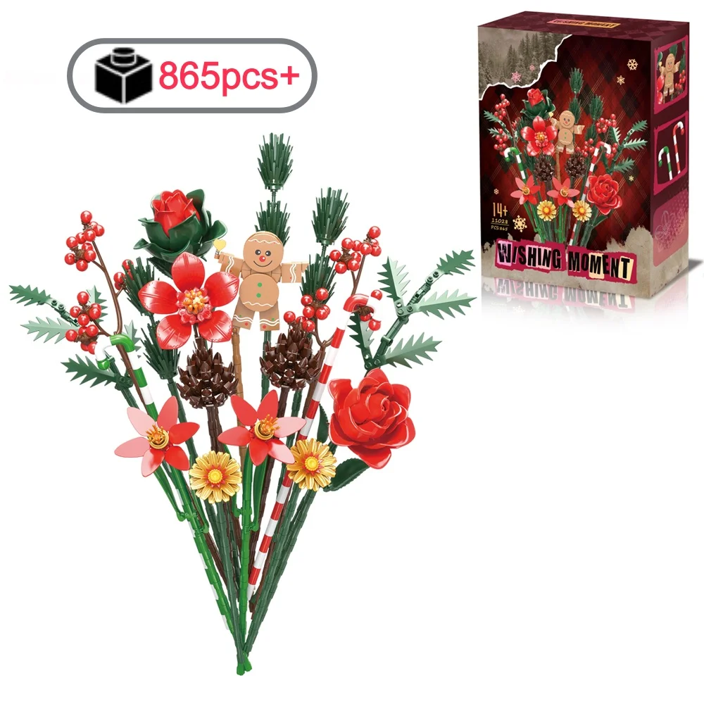 

NEW Creative Christmas Roses Bouquet Building Blocks Set Gingerbread Dolls MOC Assembly Model Kit Valentines Day Gift for Girls