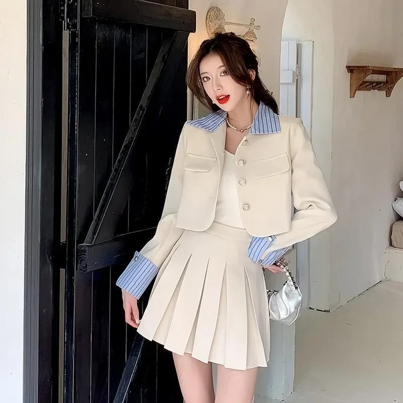 Temperament Stripe Patchwork Suit Jacket Pleated Skirt Two-piece Set Women Korean Fashion Lapel Sweet Slim Spring Chic Lady Suit