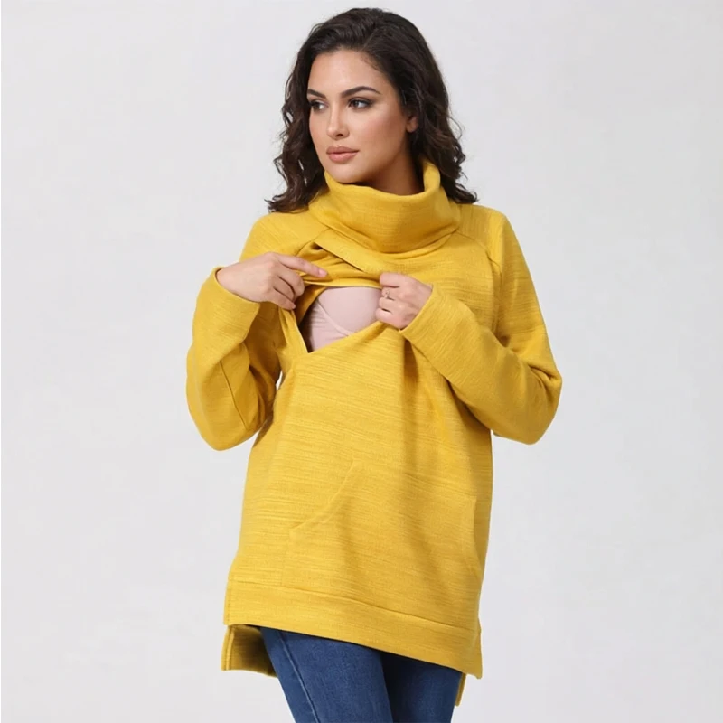 Front Lift Nursing Maternity Tunic Cowl Neck Long Sleeve Pocket Raglan Sweatshirt Side Split Soft Stretch Pregnant Women Top