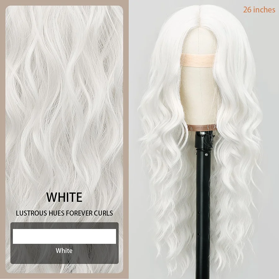 26 Inch White Wigs with Curtain Bangs Long Wavy Middle Part Natural Looking Synthetic Hair Wig for Daily Party Cosplay Costume,