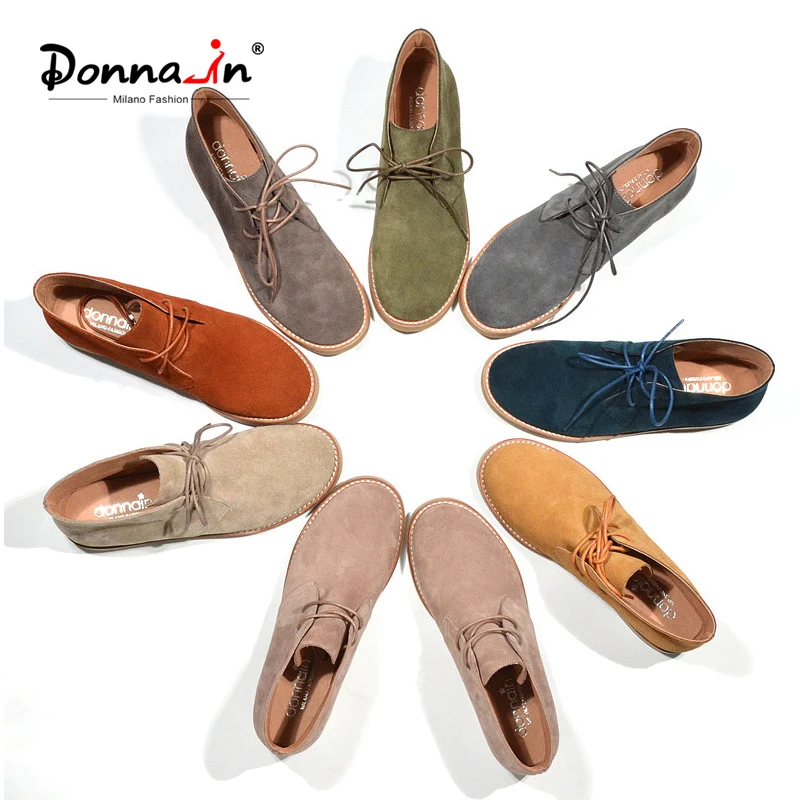 Donna-in Genuine Leather Ankle Boots for Women Classic Casual Flat Short Booties Natural Suede Lace Up Desert Female Shoes