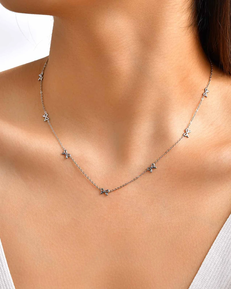 

Stainless Steel Dainty Bow Necklace for Women, 18K Gold Plated Thin Link Bow Station Choker Chain Necklace Trendy Jewelry Gift